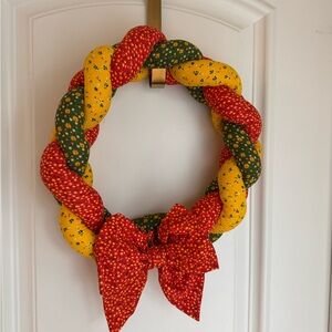 Vintage 70s Red, Yellow & Green Handmade Braided Fabric Wreath with Bow
